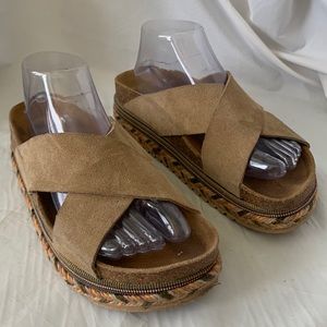 Cross Strap Leather Slip On Multicolored Braided Platform Sandals